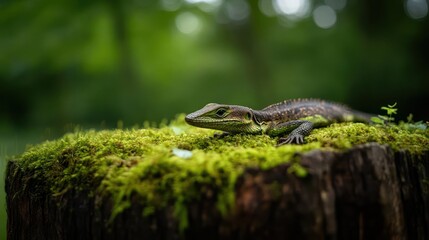 Aufkleber - Close up shot of a lizard resting on a mossy tree stump in a forest. The lizard has dark spots on its back and is surrounded by lush green foliage. The lighting is soft and natural, highlighting the