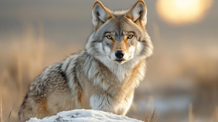 Aufkleber - Close up portrait of a coyote with a keen gaze, atop a snow-dusted mound, set against a soft, sunlit backdrop of dry grasses and a bright sun. The coyote's fur displays a blend of grays, browns, and