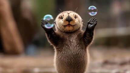 Poster - A playful otter cub with brown fur reaches up towards two digitally enhanced bubbles in an outdoor setting, with a blurred background adding depth to the scene