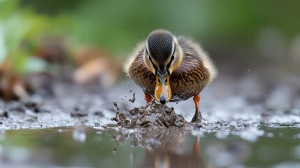 Poster - Close-up of a small duckling wading in a puddle of water on a muddy surface, creating a splash. The background is a blur of soft green foliage, focusing attention on the duckling's interaction with