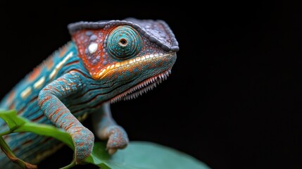 Poster - Striking close-up of a panther chameleon against a dark background, showcasing its vibrant blue, orange, and teal scales. Perched on a leaf, the reptile displays its unique texture and coloration in