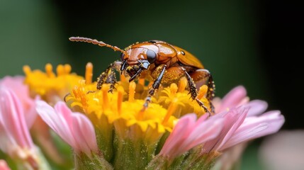Aufkleber - Macro photograph showcasing an orange beetle perched atop a vibrant flower. The flower features pink petals and a bright yellow center, set against a blurred green backdrop, creating a captivating