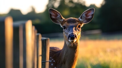 Poster - Close up shot of a brown deer looking at the camera near a wooden fence in a field, bathed in the warm light of the setting sun. The blurred background enhances the focus on the deer's gaze and