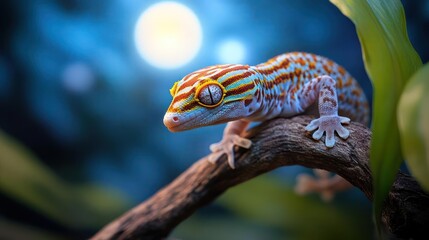 Poster - Captivating close-up of a gecko resting on a branch, showcasing its vibrant orange and blue stripes against a softly blurred background of leaves and a bokeh moon in the blue sky. The gecko's