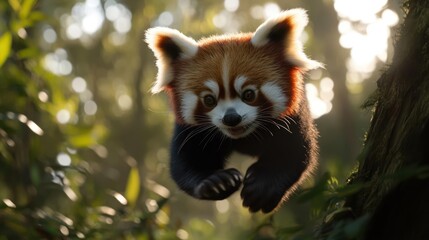 Poster - A red panda leaps through a forest, its reddish-brown fur highlighted by dappled sunlight filtering through the trees. The lush green foliage forms a bokeh background, emphasizing the panda's dynamic