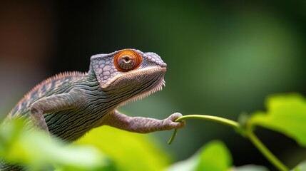 Poster - Detailed close up of a chameleon perched on green foliage, showcasing intricate skin textures and vibrant eye. The blurred background highlights the animal, creating an immersive nature study