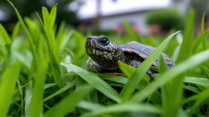 Poster - Close-up of a pond turtle resting in lush green grass, showcasing its patterned shell and attentive gaze with soft focus on the background