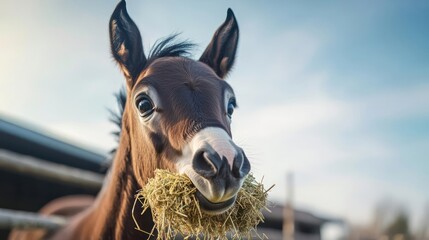 Poster - Close-up of a brown foal eating hay, with a white blaze on its face and a blurred background of a building and sky. Shot in natural light