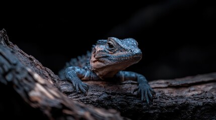 Poster - A close up shows an eastern water dragon on a tree branch against a black backdrop. The dragon's skin is a mix of blue and brown. Its hands are gripping the branch. The image is dark, highlighting