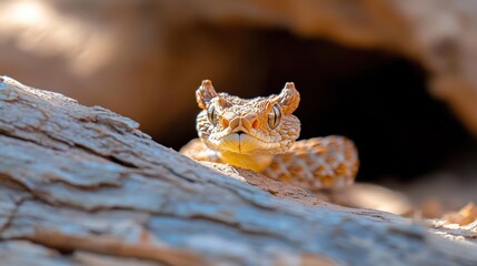 Leinwandbilder - Detailed shot of a horned viper with patterned skin, nestled amongst desert driftwood. The viper's head is in focus, showcasing its scaled details and horn-like projections, set against a backdrop of