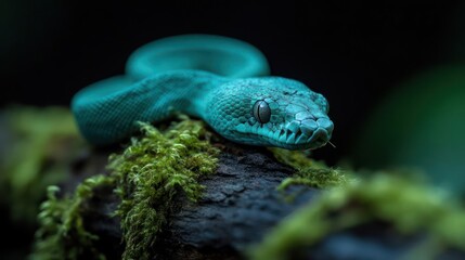 Poster - Close up of a turquoise snake coiled on a mossy branch against a dark green, out of focus background. The snake scales are textured and slightly wet, giving it a vibrant, alive appearance