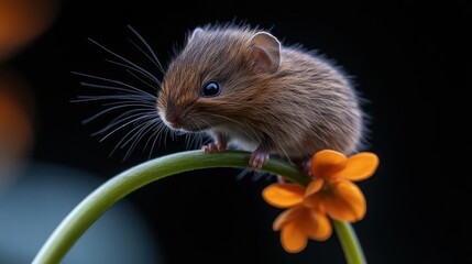 Poster - A close-up captures a small brown mouse perched on a curved green stem with vibrant orange flowers. The backdrop is a blurred black, enhancing the focus on the mouse and its floral support. Its tiny