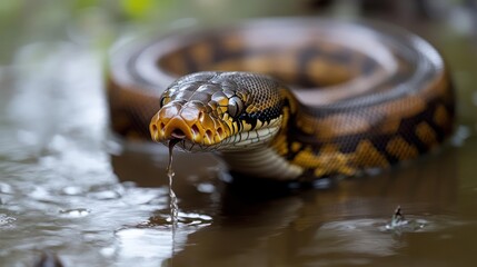Aufkleber - Close-up of a snake with brown and yellow pattern in a murky swampy environment. The snake is half submerged in water, with water dripping from its mouth, creating ripples in the dark water