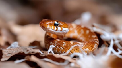 Aufkleber - Close-up shot of a copper-colored snake with white markings, coiled on a bed of dry, brown leaves. The snake's head is raised, showcasing its detailed scales and blue eyes, with blurred background