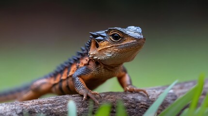 Poster - A close-up shot portrays a brown lizard, adorned with black spikes, perched on a weathered branch. The backdrop is softly blurred, showcasing green grass and hints of brown foliage, accentuating the