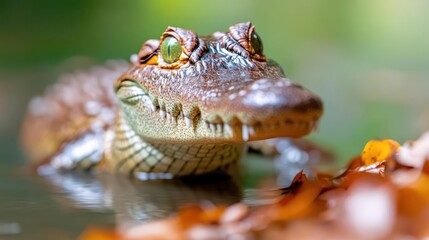 Aufkleber - A close-up captures a young crocodile with gleaming green eyes, set against a blurred backdrop of lush greenery. The reptile, partially submerged, rests amidst fallen brown leaves. Its textured skin