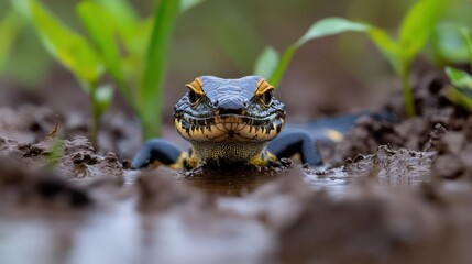 Aufkleber - Detailed close-up of an alpine newt with a distinct black and yellow pattern, emerging from muddy water amidst fresh green sprouts, captured with shallow depth of field focusing on the newt's face