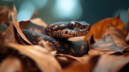 Poster - A close-up shot of a melanistic snake nestled among fallen brown leaves. The snake, with black and orange markings, is set against a softly blurred background.  Natural light highlights the texture