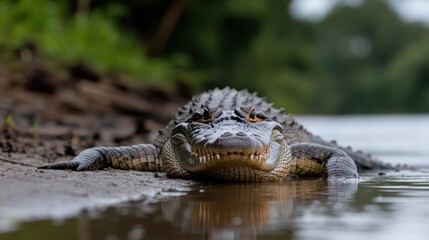 Aufkleber - Eye-level shot of an alligator resting on a muddy bank near water, featuring dark scales, green foliage in the background, and a natural outdoor setting. The image captures the alligator's textured