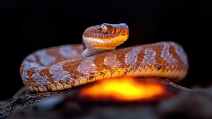 Aufkleber - Close-up of a coiled rattlesnake with orange and tan scales, illuminated by a warm, glowing light against a dark background. The snake's head is raised, showing its distinctive markings and texture