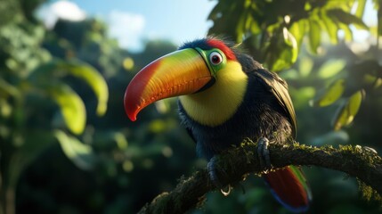 Poster - A vibrant toucan sits perched on a mossy branch amidst lush green foliage. The bird's colorful beak is prominently displayed, catching the sunlight in a verdant forest setting. The image is a