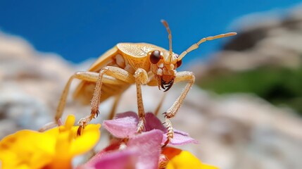 Aufkleber - A close-up showcases a vibrant orange bug perched atop a cluster of yellow and pink flowers, set against a bright blue sky and blurred rock background. The insect's details are sharply defined