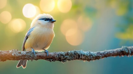 Aufkleber - Close up of a cute fluffy yellowish bird perching on a lichen covered branch with a blurred sunny background with bokeh. The bird has black stripes across its eyes. Shot at bright daylight
