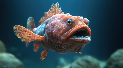 Aufkleber - Close-up of an orange mottled fish with detailed skin and fins, open mouth displaying teeth, swimming in blue water with rocks in the blurred background, showcasing aquatic wildlife in a marine
