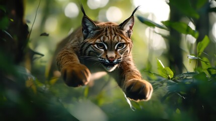 Aufkleber - A striking low-angle shot captures a Lynx leaping through a lush green forest. The lynx, with its distinctive ear tufts and patterned fur, is frozen mid-air. The background is blurred, emphasizing