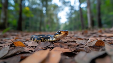 Poster - A snake with black, orange, and yellow markings slithers across a path covered with brown leaves, set against a backdrop of a blurred forest with tall trees and hints of blue sky. The focus is sharp