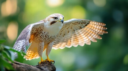Poster - Captivating close-up of a majestic ferruginous hawk perched on a weathered branch. The bird with its mottled white and brown plumage, bright yellow feet, is set against a backdrop of softly blurred