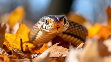 Poster - Close up shot of a Yellow Rat Snake with black head resting on dry leaves with a blurred light blue background. The scales are visible, creating a detailed and textured reptile portrait in natural