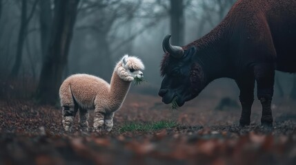 Fototapete - A captivating image showcases a fluffy alpaca eating greens near a majestic yak in a misty forest setting, with brown leaves scattered on the ground, and an overcast sky