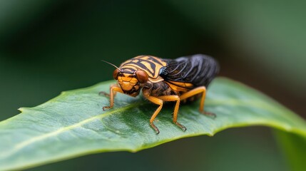 Poster - Close-up shot of a colorful insect with orange and black markings perched on a green leaf, set against a blurred green background, showcasing its intricate details and textures in a natural setting