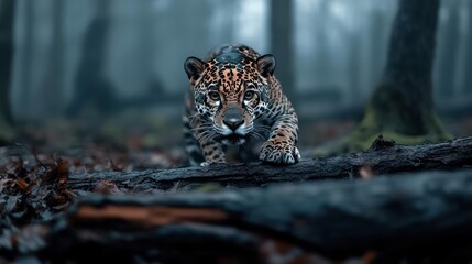 Aufkleber - A jaguar walks on a log in a misty forest. The jaguar's patterned fur stands out against the dim backdrop of tall trees and a forest floor covered in decaying leaves and logs, creating a mysterious