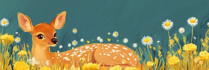 Poster - Deer resting quietly in a vibrant field filled with illustrated dandelions under a calm blue sky