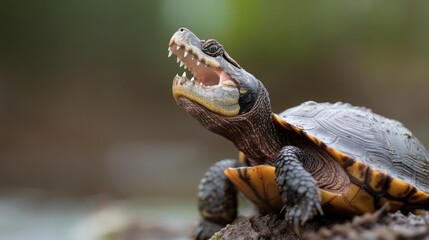 Poster - This close-up shot features a brown turtle with an open mouth and visible teeth, standing on a dirt mound with blurred green foliage in the background. The turtle's textured skin and unique facial