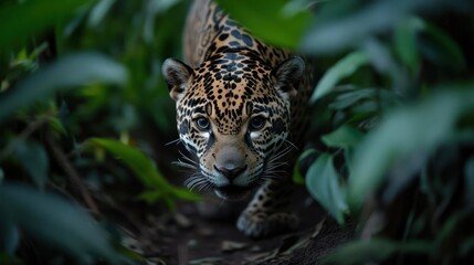 Aufkleber - Close-up shot of a jaguar walking through dense foliage. The jaguar's distinct spotted coat is visible, with its face turned towards the camera. The surrounding leaves and shadows create a natural