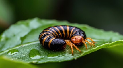 Aufkleber - Detailed close-up of a curled caterpillar on a vibrant green leaf, showcasing orange stripes on a black body and delicate orange legs. Water droplets add to the freshness, highlighting the insect's
