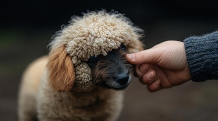Poster - Close-up of a beige lamb with a dark face being petted by a person's hand, capturing a heartwarming moment. The lamb's woolly texture and the gentle touch highlight the tenderness and innocence of