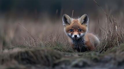 Poster - Adorable close up of a red fox kit with distinctive eyes in a field of dry grass. Soft, diffused light highlighting the fox's face and fur. A charming portrait of wildlife in its natural environment
