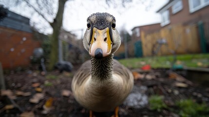 Poster - Close-up of a brown and grey duck with an orange beak standing on leaves in a backyard. The duck is the focal point, with residential buildings and greenery blurred in the background, giving a sense