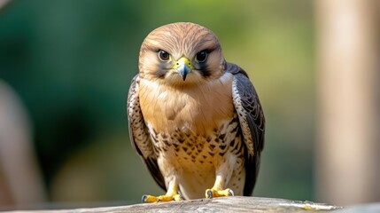 Aufkleber - Close up of a Kestrel perched atop a weathered surface. The bird is bathed in natural light, highlighting its detailed plumage with mottled brown and speckled markings. A blurred green and brown