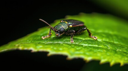 Poster - Close up image of a beetle with green and black coloring on a leaf with black background. The beetle is the main focus, showcasing its detailed texture and coloration against the blurred green