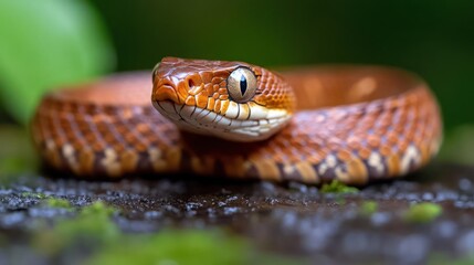 Aufkleber - Close up shot of an orange snake coiled on a mossy surface, looking directly at the camera, with a blurred green background. The snake's scales and eyes are in sharp focus
