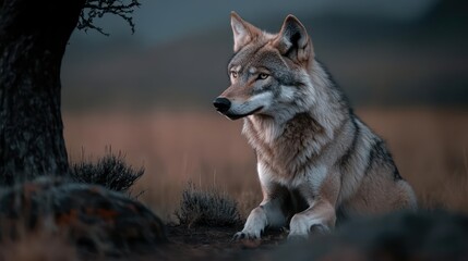 Aufkleber - A medium shot of a wolf under a tree on blurred background, it features natural earth tones and a strong emphasis on the wolf's facial details and fur texture and create a captivating wildlife