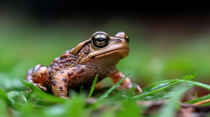 Poster - Close-up shot of a brown toad with black spots sitting on green grass with a blurred green and brown background, focusing on the toad's textured skin and golden eyes
