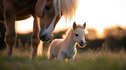 Aufkleber - Close up shot of a light brown mother horse standing next to her small baby foal standing in a grassy field. The background is blurred with bokeh as the sun sets