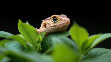 Poster - A close up eye-level shot of a small, brown lizard peering out from bright green leaves against a solid black background. The lizard has golden eyes and detailed scales, creating a focus on natural