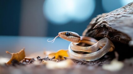 Aufkleber - Close-up shot of a brown snake with an orange head, coiled on a brown surface with leaves, and a blurred light-blue background, showcasing its detailed scale pattern and tongue